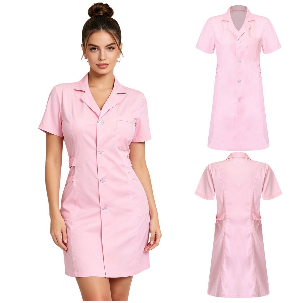 Donna Adulti Ospedale Infermiera Abito Scrub S-XXL - Colletto a Revers Manica Corta Abbottonatura Frontale Tinta Unita Camice da Laboratorio Uniforme