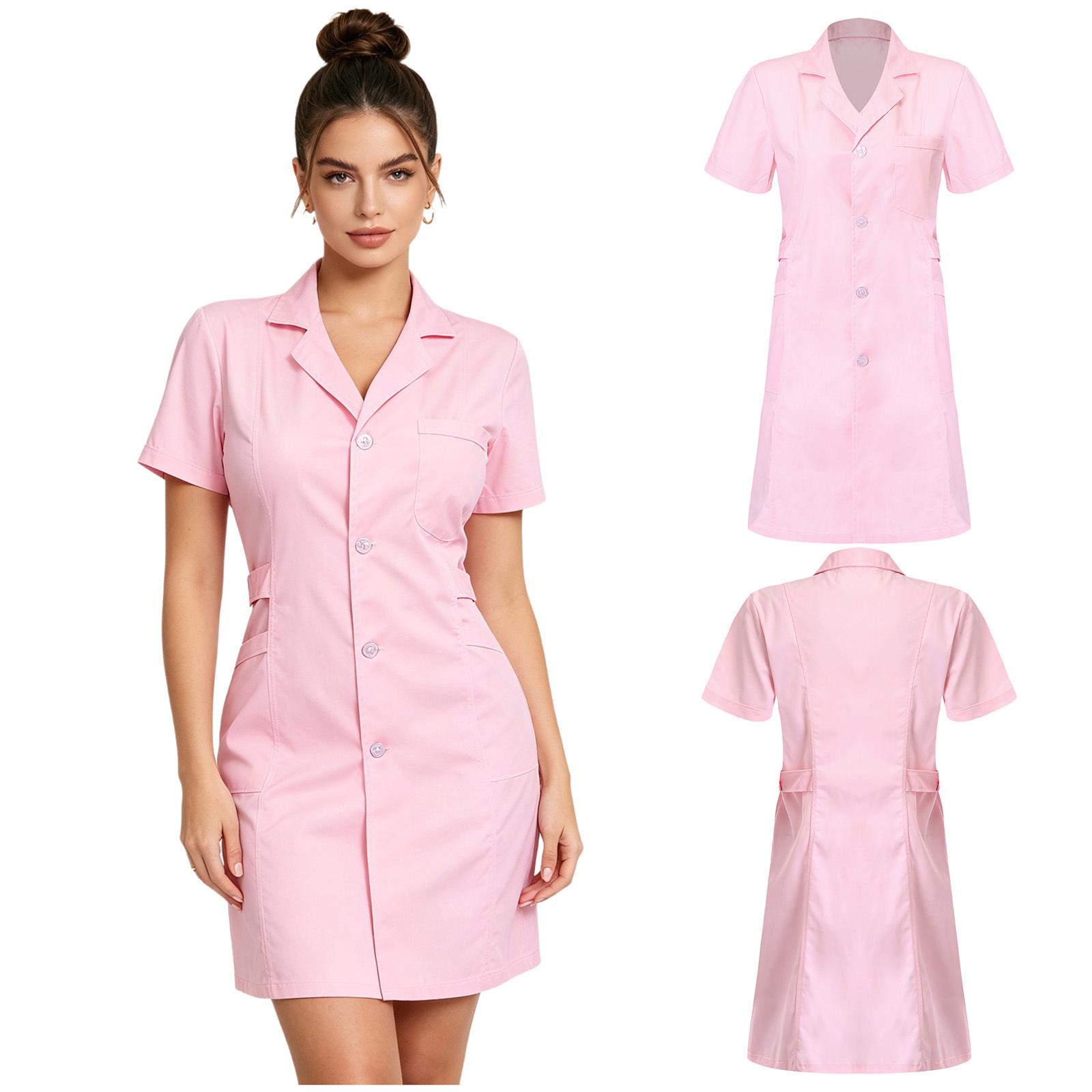 Kurzarm Knopfleiste Scrub Kleid Damen Erwachsene S-XXL - Reverskragen Einfarbig Krankenhaus Krankenschwester Laborkittel Uniform XL white