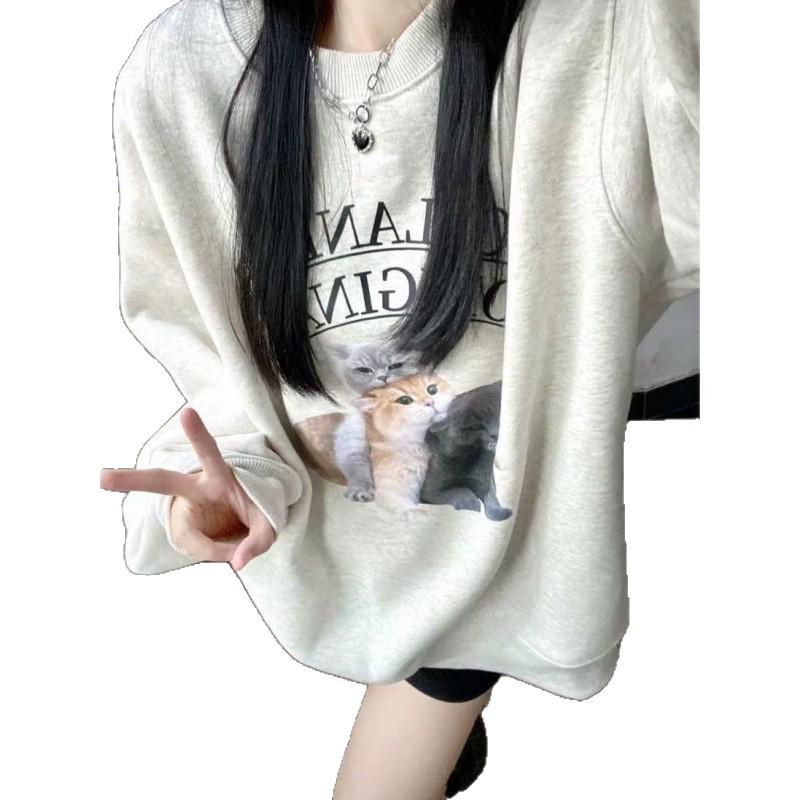 Silver Fox Velvet Pure Cotton Women's Retro Cat Print Sweatshirt - Round Neck, Loose Fit, Autumn Winter Casual Style.