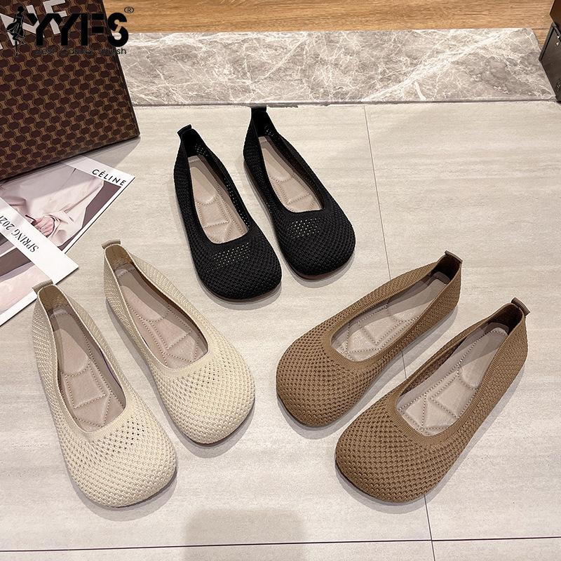 New Fashion Breathable Square Knit Flat Shoes Solid Color Lightweight Mesh Knit Work Shoes Lazy Shoes Flats