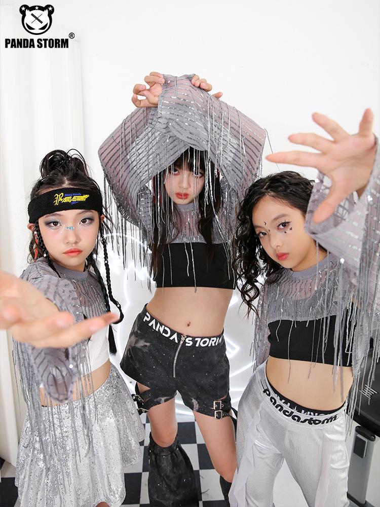 Girls' Sequin Tassel Jazz Dance Outfit - Mesh Long Sleeve & Pants Set for Street & Performance