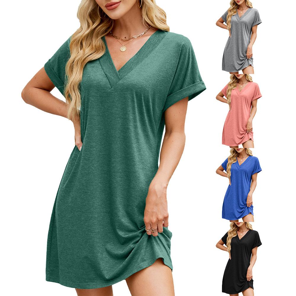Women's V Neck Short Sleeve Mini Dress Loose Fit Relaxed Waist Casual Solid Color Knit Spring Summer Daily Wear T Shirt Dress