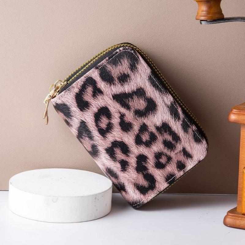 Leopard Print RFID Card Holder Wallet, Double Zipper Compact Bifold Purse, Multi-Card Slots, Anti-Theft Credit Card Organizer for Women, Men