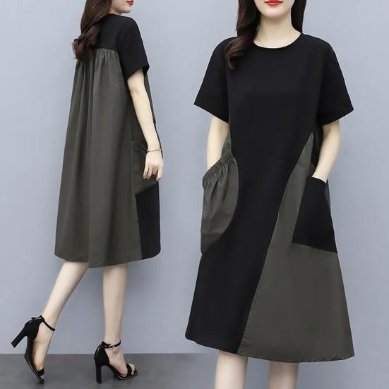 Damen Midi Kleid Rundhalsausschnitt Kurzarm Locker Geschnitten Sommerkleid mit Taschen Patchwork Farbe Leichtes Freizeitkleid