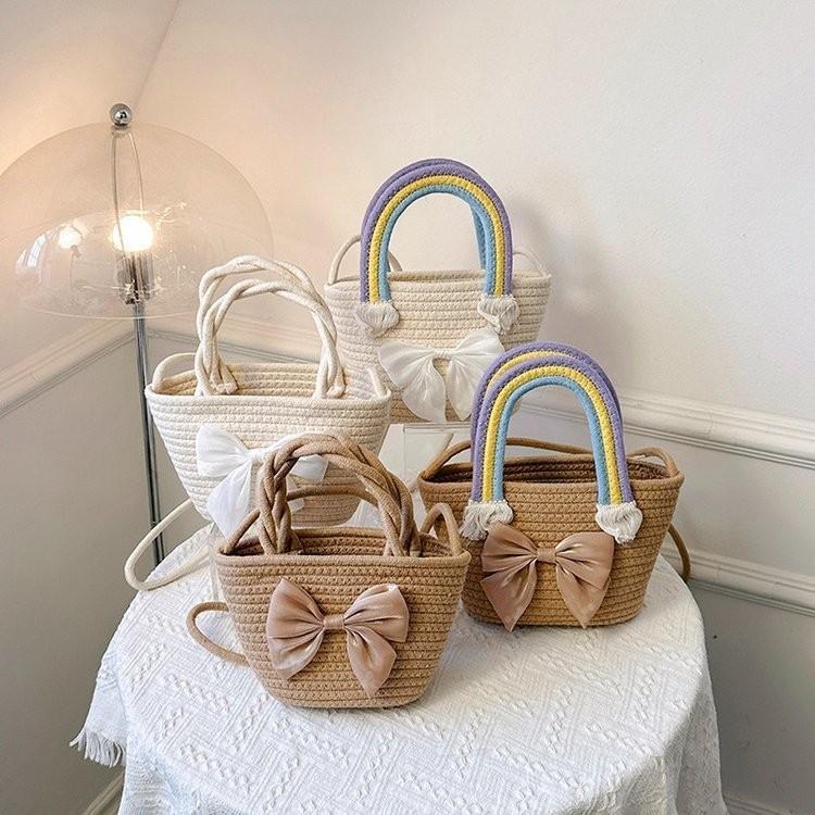 Trendy Woven Straw Bucket Bag With Bow Fashionable Casual Handbag For Women 2023
