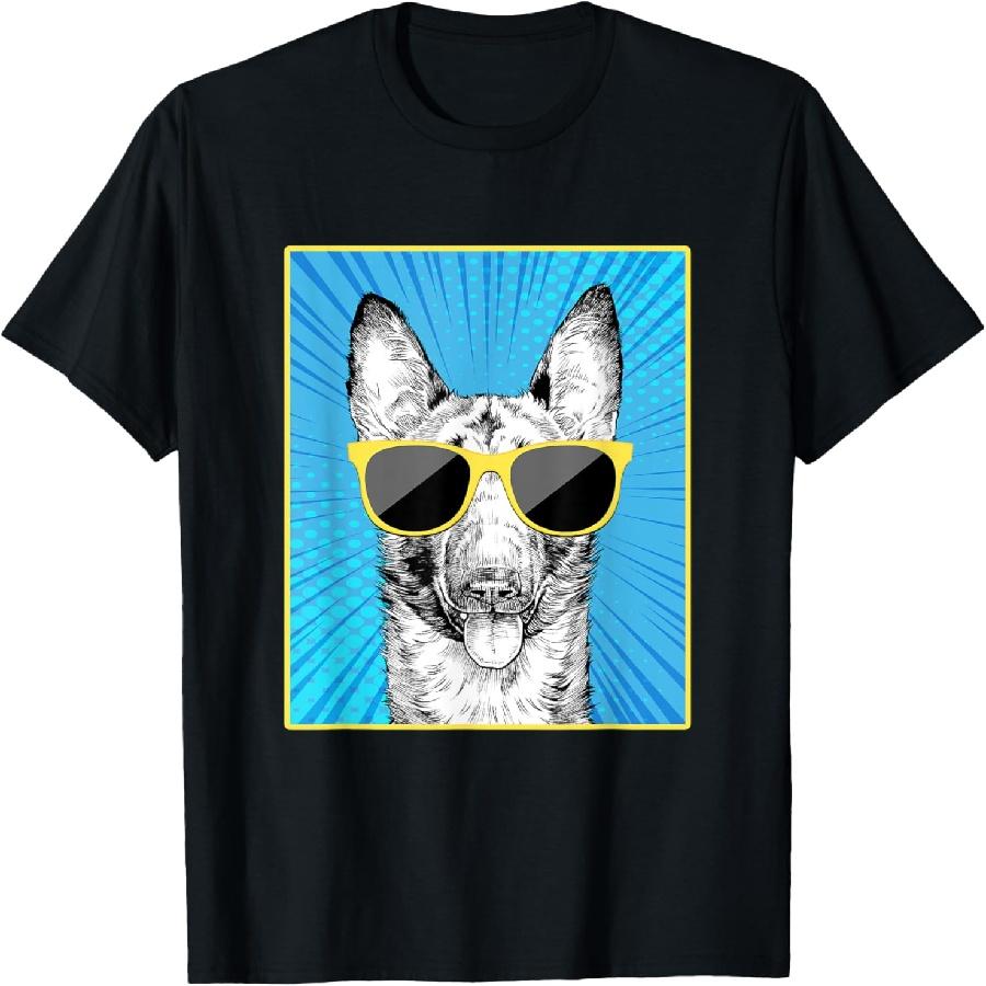 Belgian Malinois Portrait Pop Art Dog with Sunglasses T-Shirt S