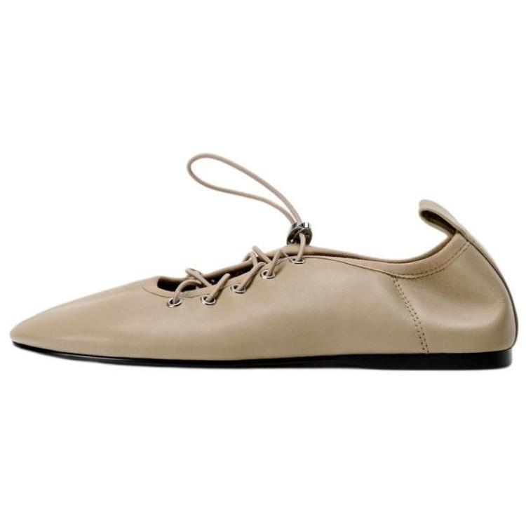 ZARA Leather Lace Up Pointed Toe Ballet Flats Beige Womens 11525410002 40