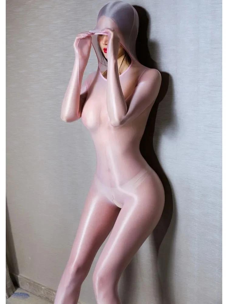 Sexy Kapuzen-Einhülle-Hand-Catsuit Glänzender Bodystocking Schrittloser Bodysuit Strumpfhose Sexy Leotard Einteilige Dessous Jumpsuit Unitard