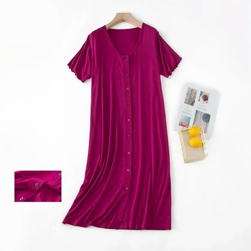 Modal Short-sleeved Mid-length Sleep Tops Night Dress with Button for Women Sleepwear Cotton Cardigan Plus Size Sleep Dress