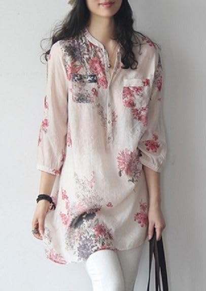 Pretty floral pattern sleeve pullover cute and stylish band pocketed summer fashion pink [aspersio] 3/4 tunic, mature, top, women's shirt, long,