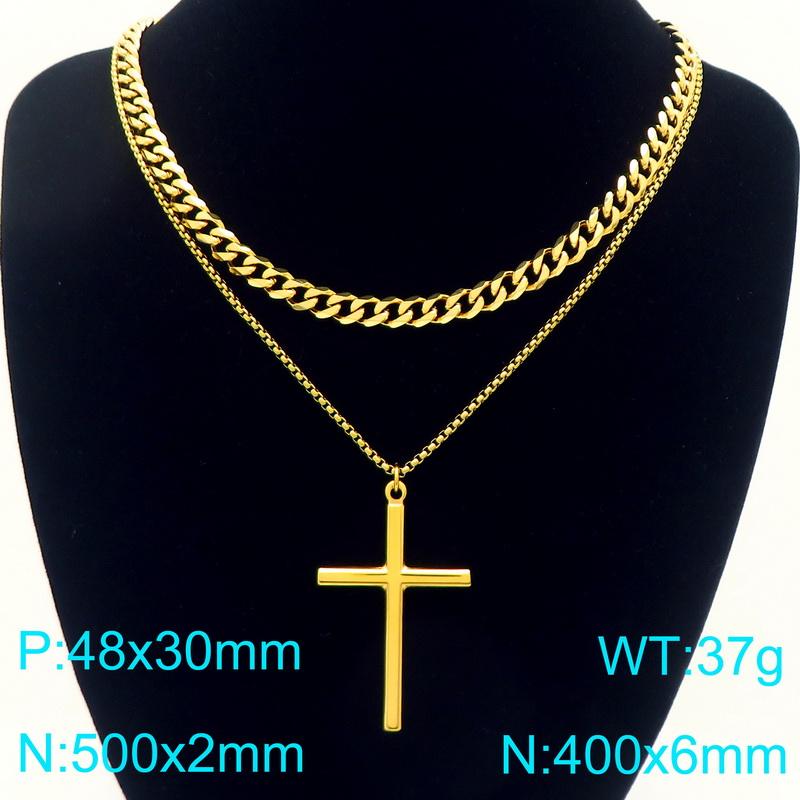 Double-Layer Stainless Steel Cross Pendant Necklaces for Men Metal Chain Religious Design Trendy Jewelry Daily Golden Accessory
