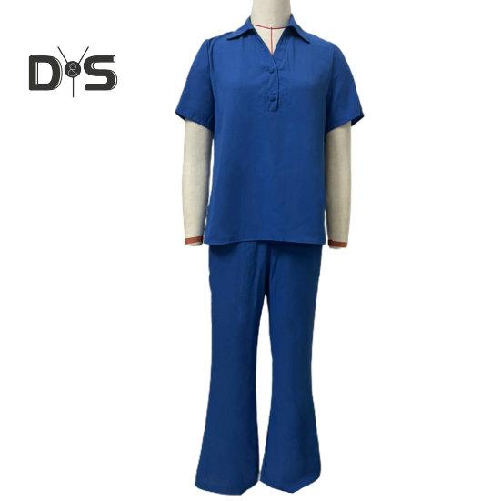 2Pcs/Set Women Pants Shirt Suit Lapel Short Sleeve Single breasted Wide Leg Loose Solid Color Pockets High Waist Lady Top Trousers Set