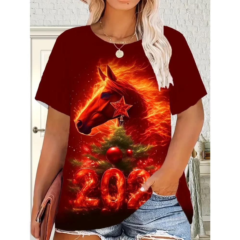 Summer Colorful Horse Pattern T-shirt Fashionable Comfortable Loose Women's New Year Short Sleeved T-shirt
