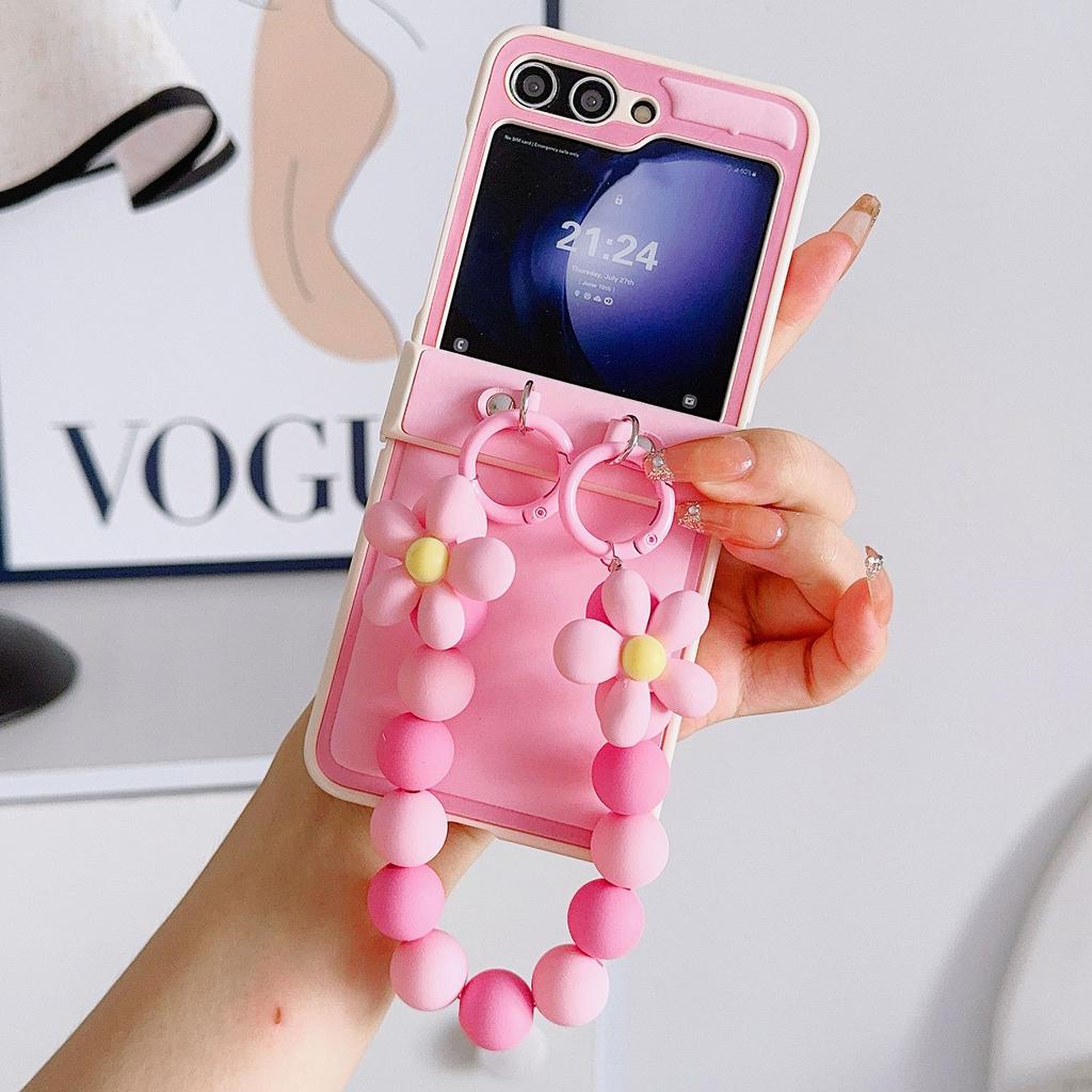 For Samsung Galaxy Z Flip6 5G Case Skin-Touch Leather+PC Phone Cover with Beaded Wrist Strap