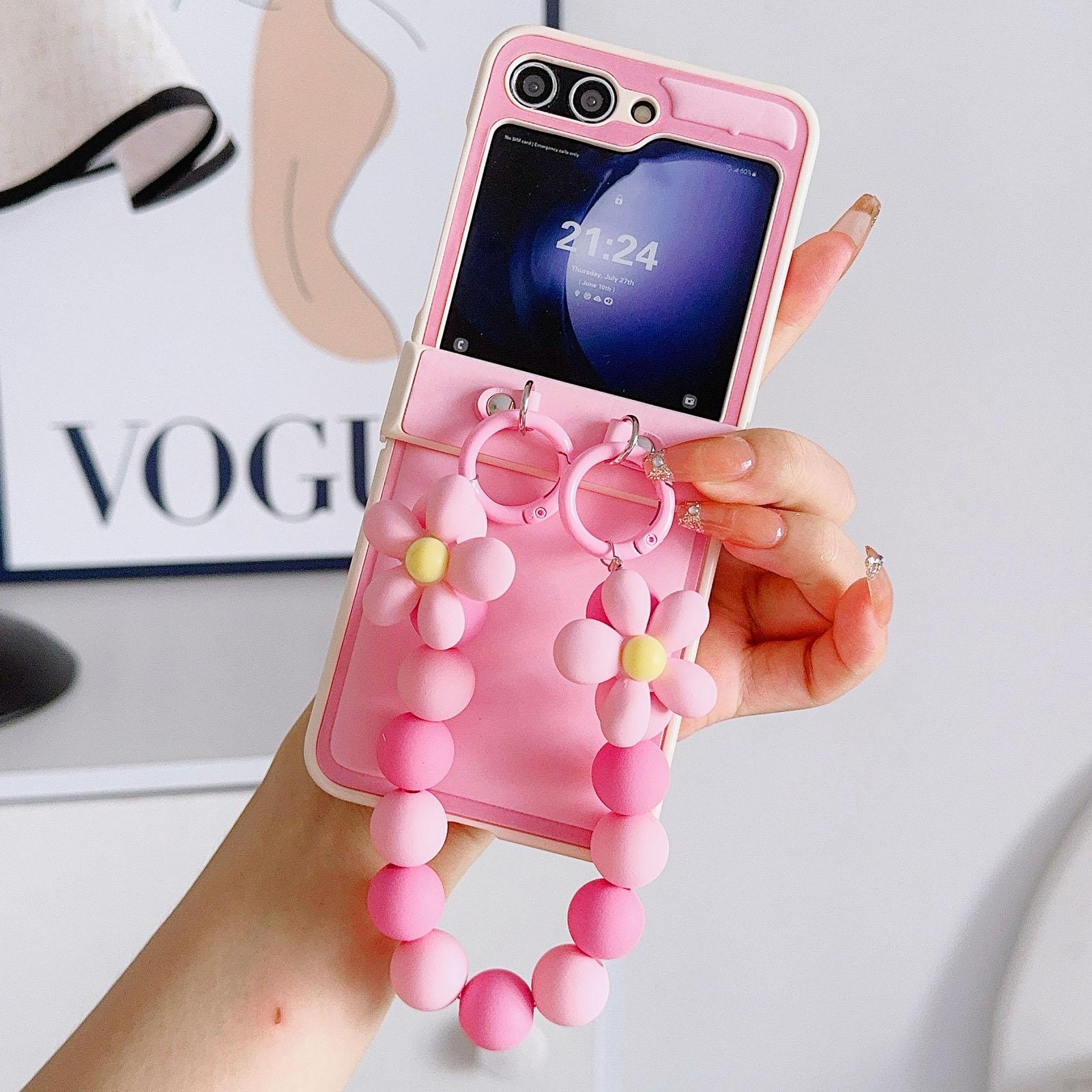 

For Samsung Galaxy Z Flip6 5G Case Skin-Touch Leather+PC Phone Cover with Beaded Wrist Strap Pink