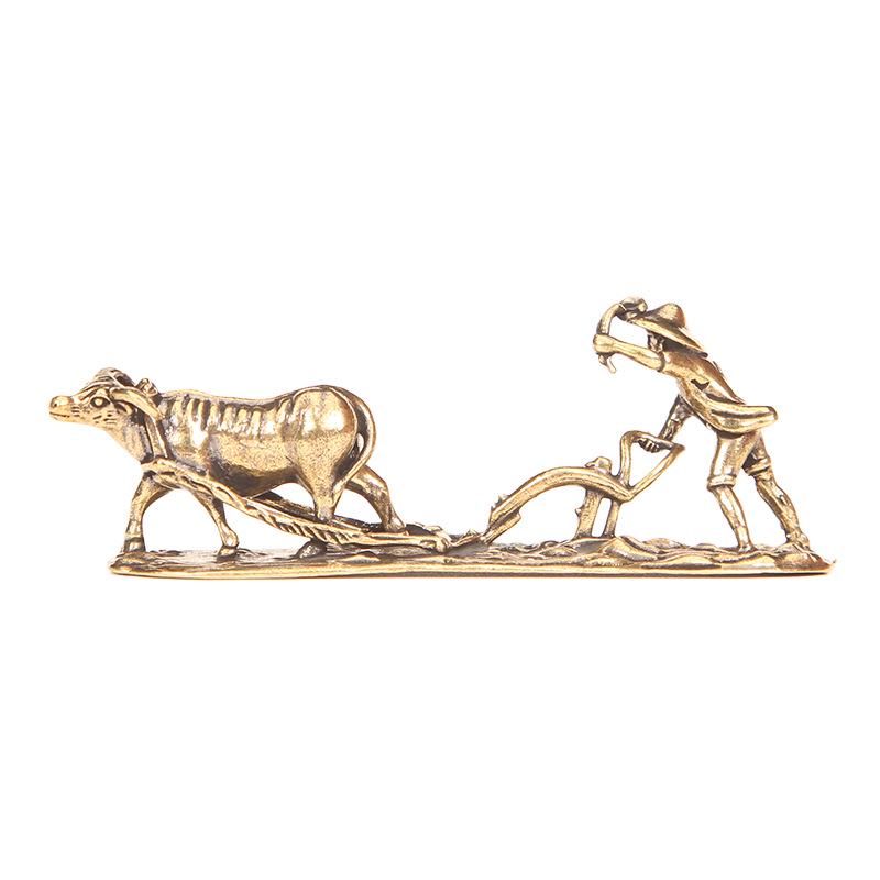 Brass Old Man and Ox Farmer Tea Pet Ornament - Office Desk Decoration
