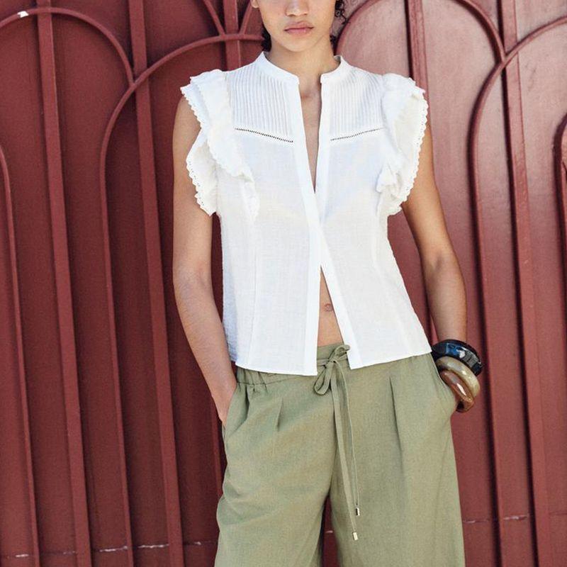 Summer New Women Clothes French Style Sweet Style Vertical Lace Laminated Decoration Sleeveless Shirts 2157042