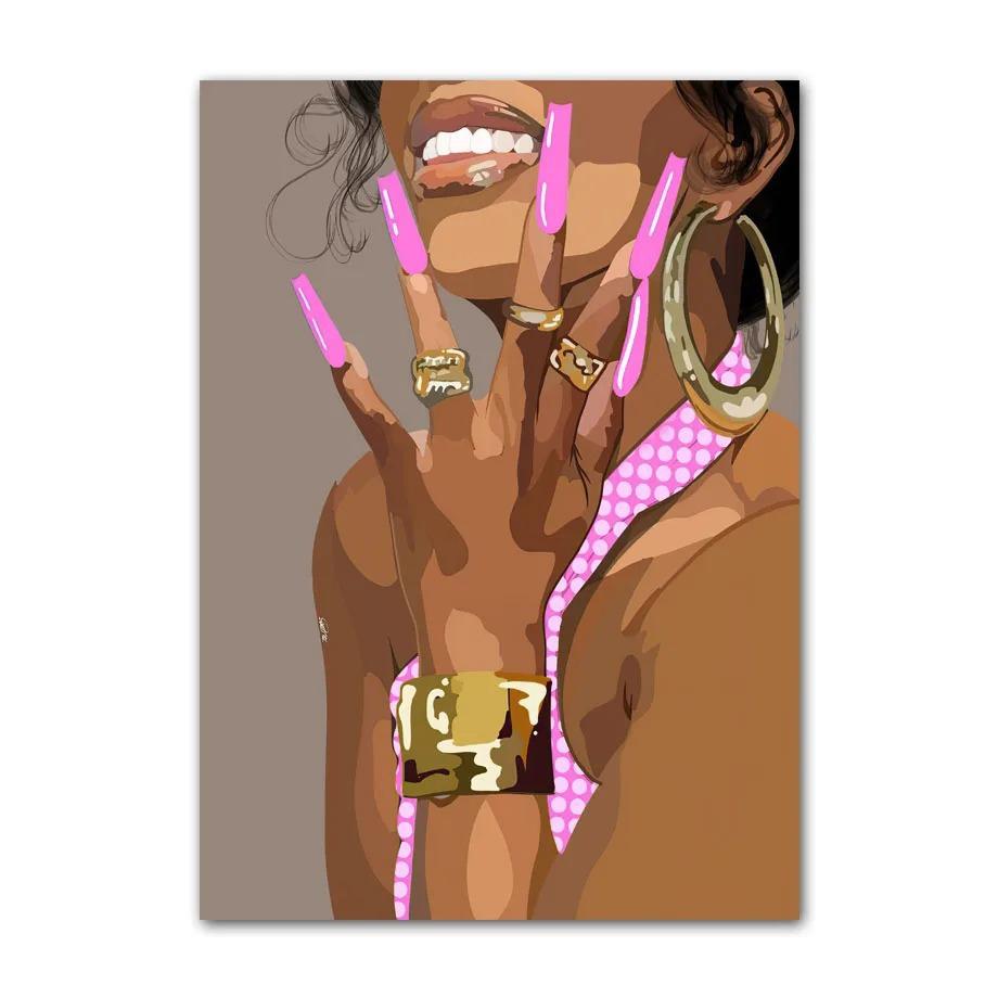 Black Art Fashion Hip Hop Girl Manicure Jewelry Lips Poster African Black Woman Beautiful Nails Painting Pictures Living Room Beauty Salon Decor