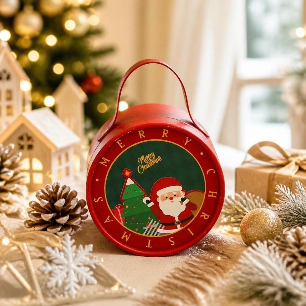 Large Capacity Christmas Eve Packaging Box Portable With Handle Christmas Gift Storage Box Funny Round Xmas Candy Box