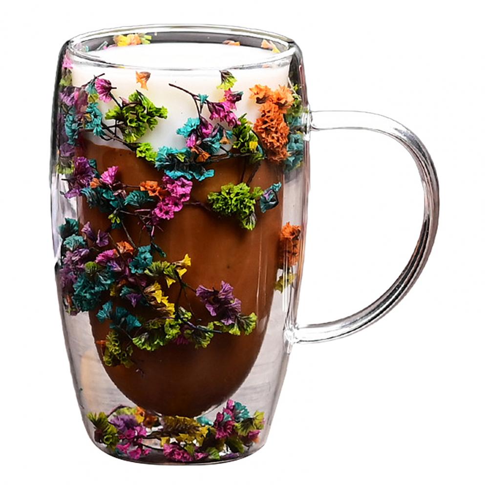 Double Wall Glass Mug with Flower Glitter Inside 450ml Large Capacity Heat & Cold Resistant Transparent Mug Creative Coffee Cup