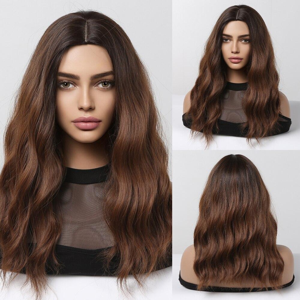 ALAN EATON Long Ombre Brown Synthetic Wig Brown Highlight Middle Part Hair Wig for Women Daily Use Natural Heat Resistant Fiber