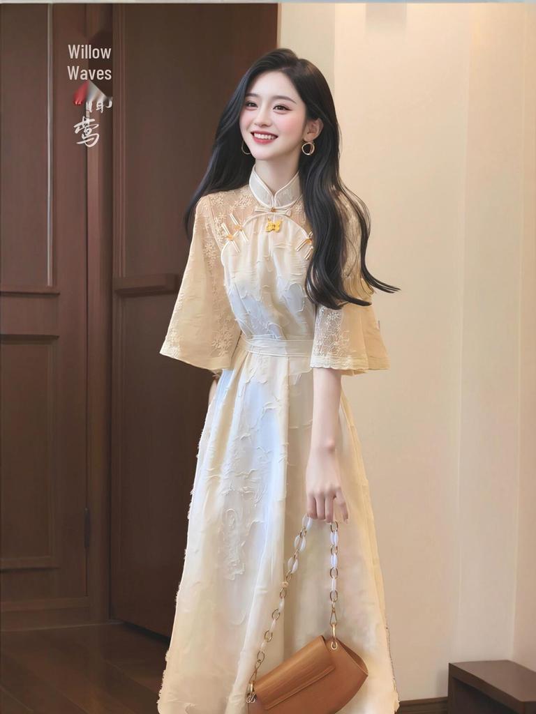 2025 Modernes Cheongsam-Kleid im chinesischen Stil mit Jacquardmuster, Übergröße, Sommerausgabe - Damen-Langkleid mit Taillenraffung
