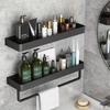 Estante de pared para baño de aluminio negro sin perforaciones