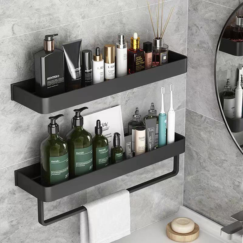 Estante de pared para baño de aluminio negro sin perforaciones