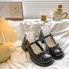 Taizhou round head bright leather women's new thick heel buckle single shoes college style bow JK leather shoes