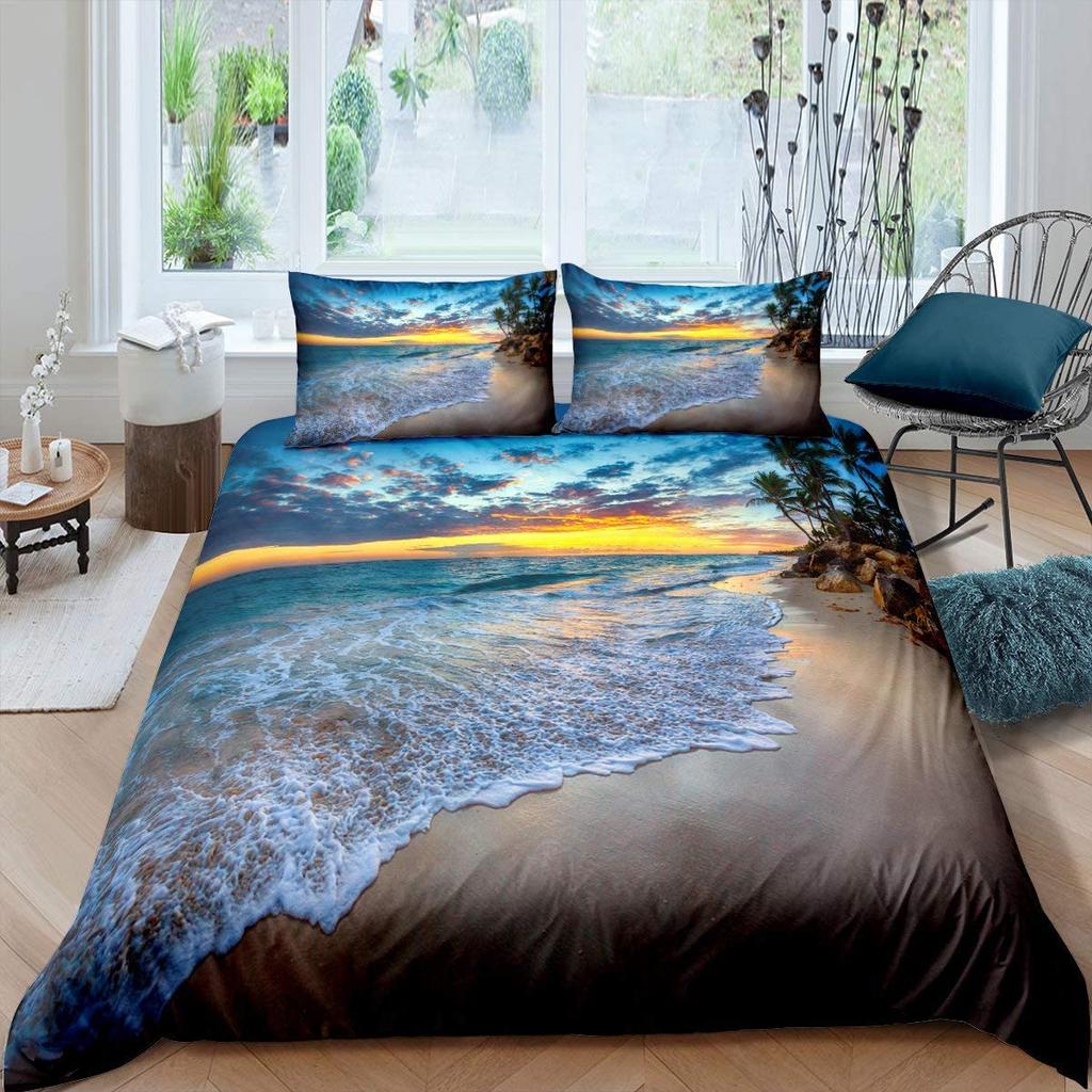 Ocean Beach Palm Tree Duvet Cover Set Sea Wave Polyester Quilt Cover Tropical Leaves Hawaiian Vacation Print For Kid Adult Teen