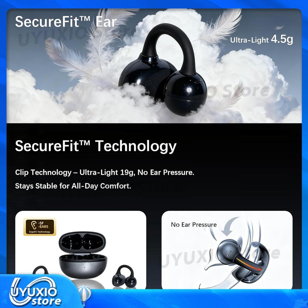 UYUXIO BT 5.4 Clip on Wireless Earbuds Open Ear Headphone 72H Play Time Long-Battery Life OWS Ear Buds for Workouts Sport
