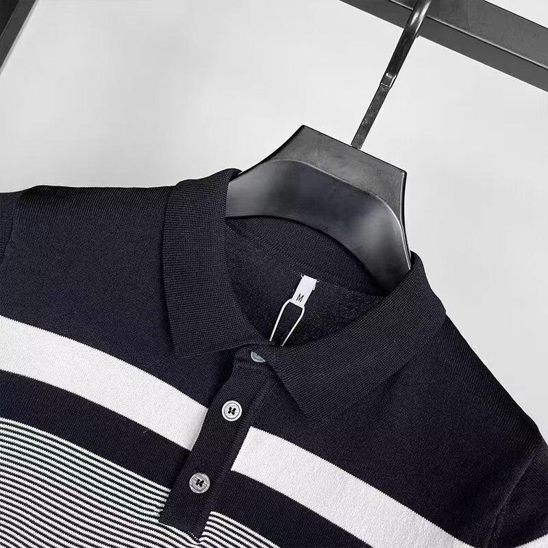 Herren Sommer Slim Gestreiftes Kurzarm-Poloshirt - Trendiges, lässiges Strick-T-Shirt mit Revers in Kontrastfarbe
