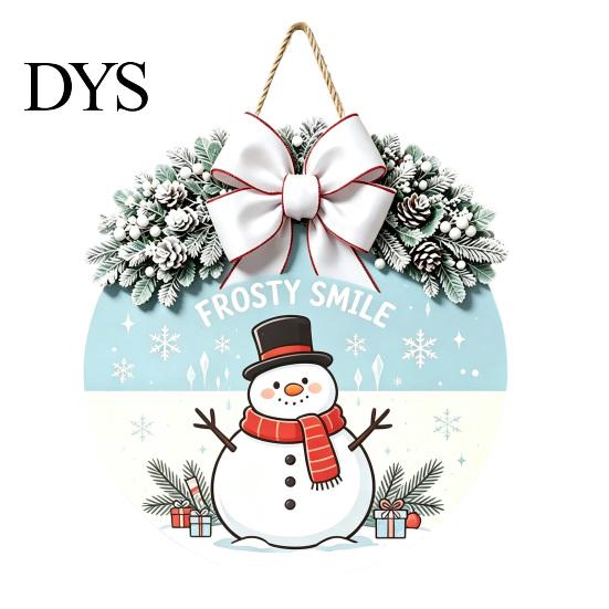 Winter Atmosphere Decor Christmas Wooden Welcome Sign for Front Door, Round Hanging Ornament with Santa Claus Snowman Art Artificial Pine Branches