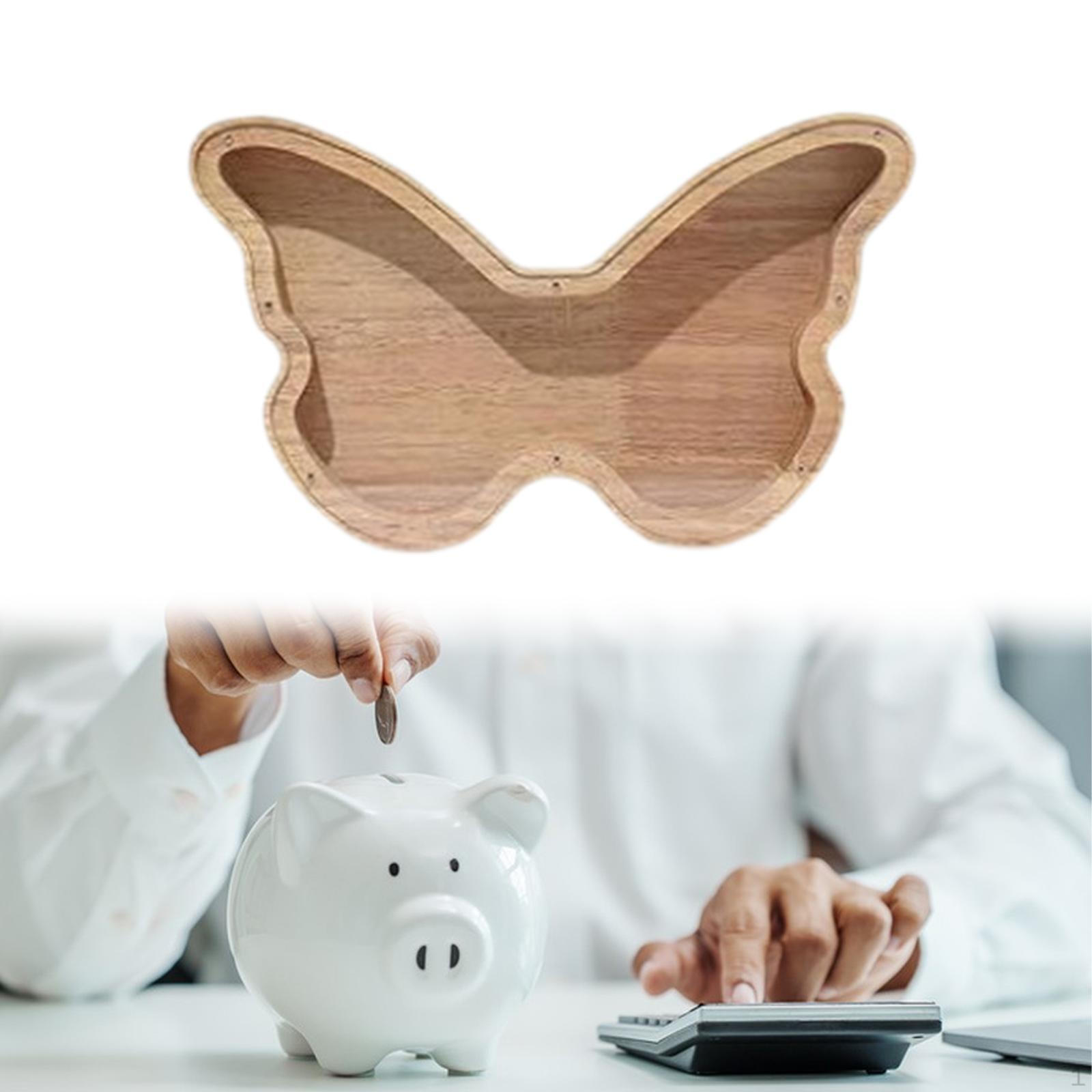 

Wooden Clear Piggy Bank Money Box Butterfly Shaped with Window Savings Jar Storage Container