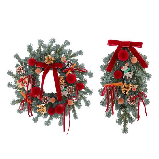Handmade Wreath for Balcony Christmas Artificial Garland with Pinecones Cinnamon And Red Bows, Decorative Hanging Front Door Pendants Winter