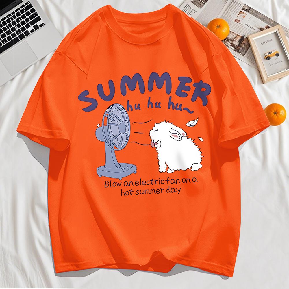 Little Rabbit Blowing Electric Fan Print T-Shirt Mens Hip Hop Summer Short Sleeve Clothing Casual Loose Tops