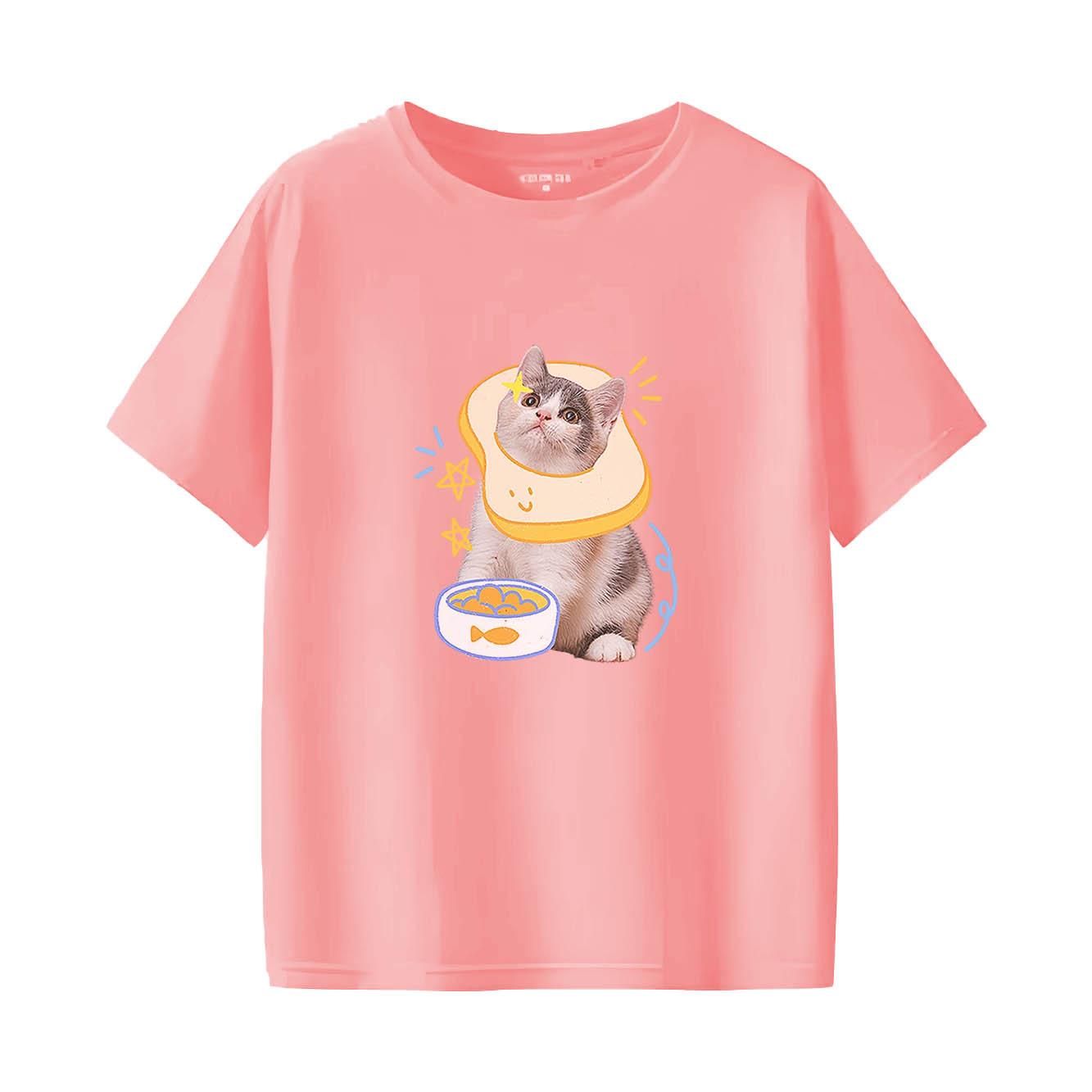Cute cat cartoon printed fashionable and versatile short sleeved round neck Womens Tshirt S