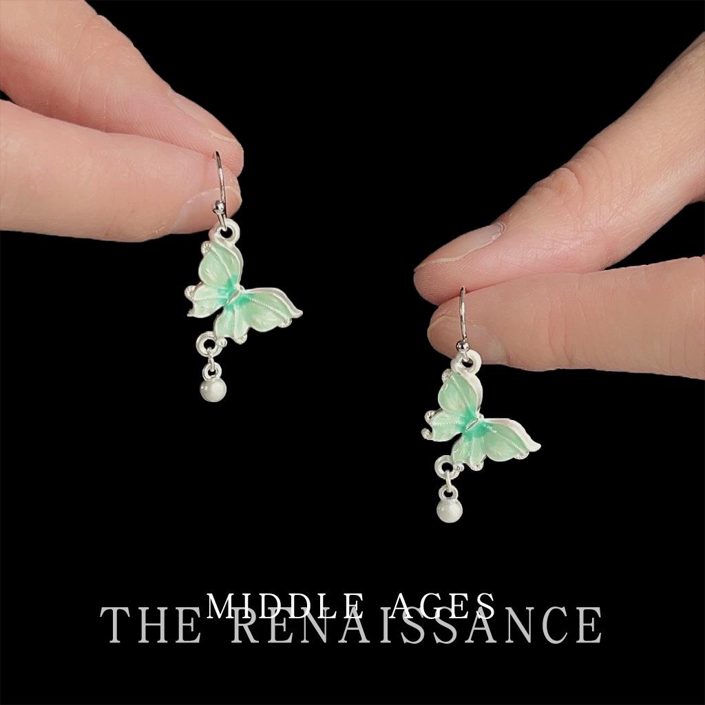 Enamel drop glaze gradual change green butterfly earrings sweet Mori small fresh earrings women