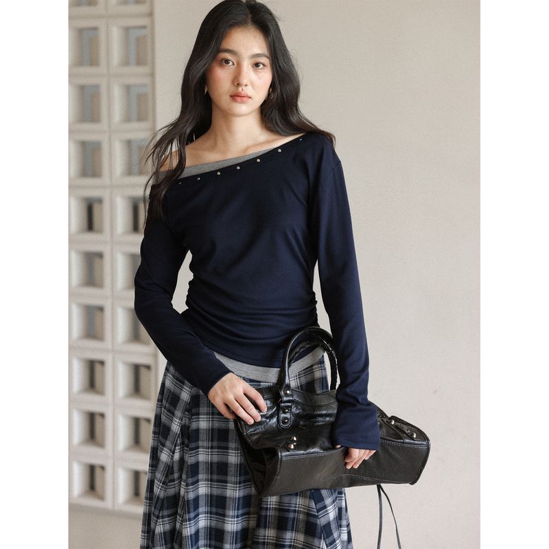 

Love Rose Plus Size Stylish Ootd Outfit Set: Off-Shoulder Top, T-Shirt, Plaid Skirt, Women s Spring Set Dark Blue T-Shirt XL