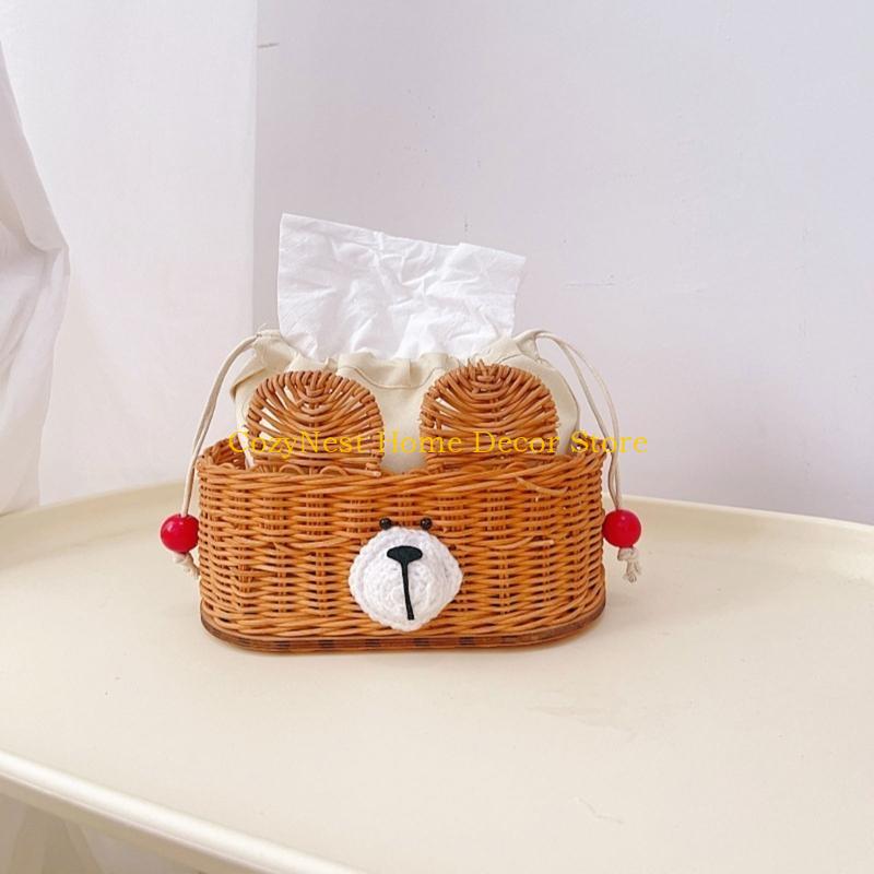 92MF Unique Cottage Tissue Holder Bear Design Crafted Rattan Kitchen Storage