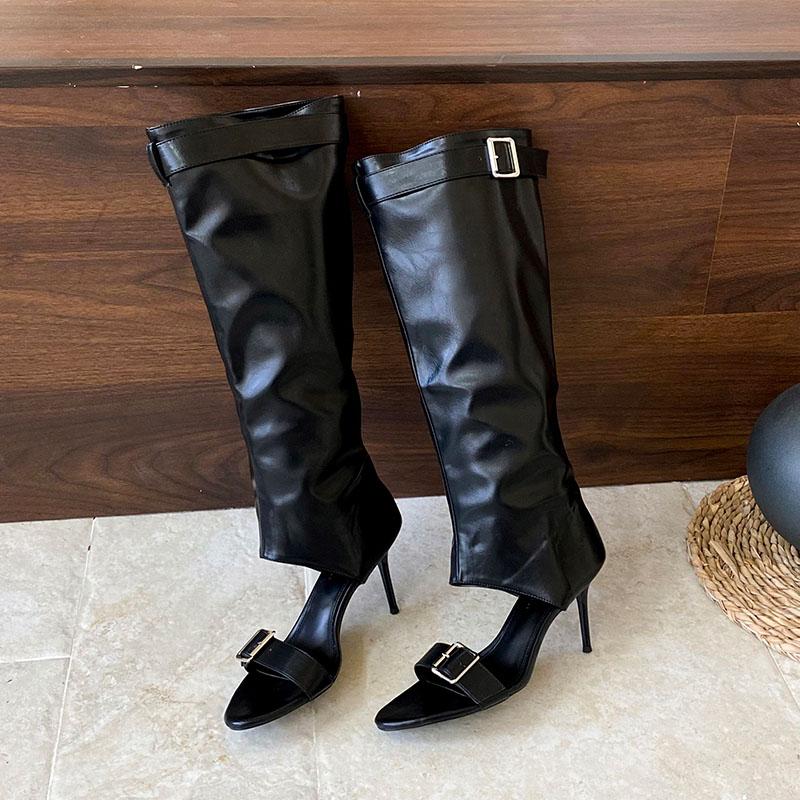 Fashion Female Open Toe Footwear Round Toe Women Knee High Boots Shoes With Thin Heels Fashion Buckle Ladies Heeled Sandals Boots Shoes