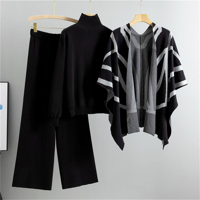 Women's Autumn And Winter New Lazy Style Casual Suit Knitted Sweater Shawl Cape Wide Leg Pants Three Piece Set