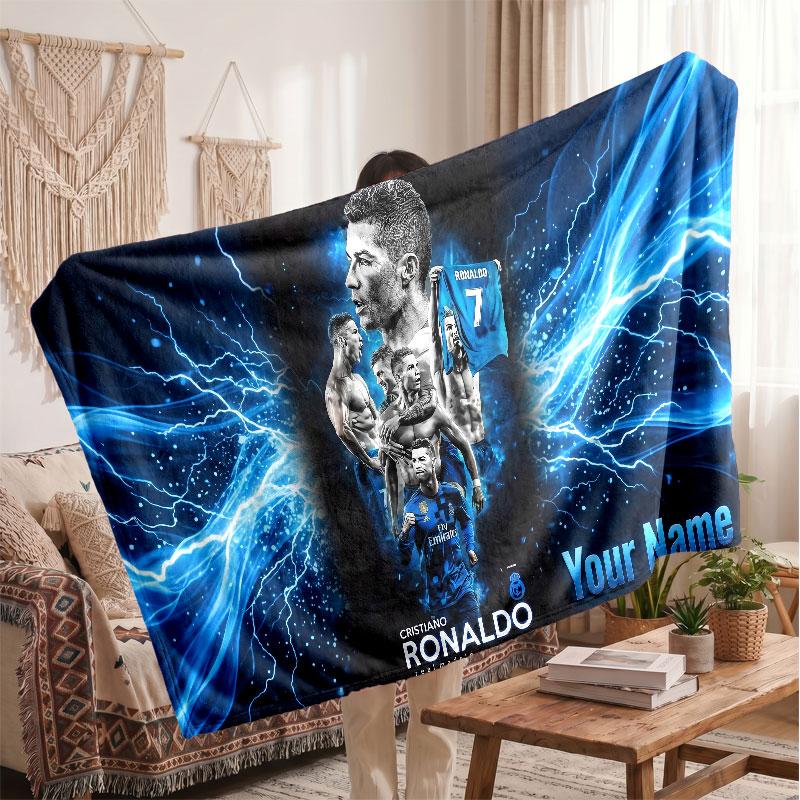 Coperta Personalizzata in Pile Cristiano Ronaldo con Logo Calcio, Testo Nome Personalizzato Morbida Calda Coperta da Divano per la Casa