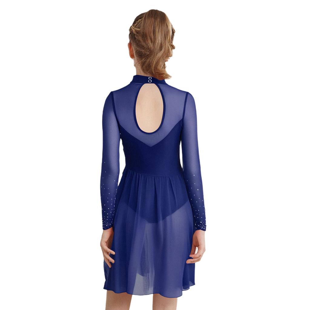 Mädchen Eiskunstlauf Tanzkleid Lange Ärmel Stehkragen Schlüsselloch Rücken Glänzende Strasssteine Eingebauter Slip Kleid