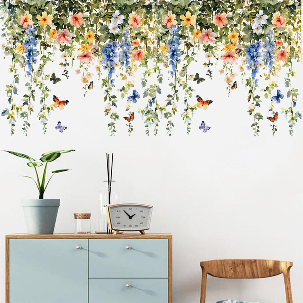 Grüne Pflanze Ranke Blume Schmetterling Wandaufkleber Selbstklebend Abnehmbar Wohnzimmer Schlafzimmer Heimdeko Hintergrund Wandkunst