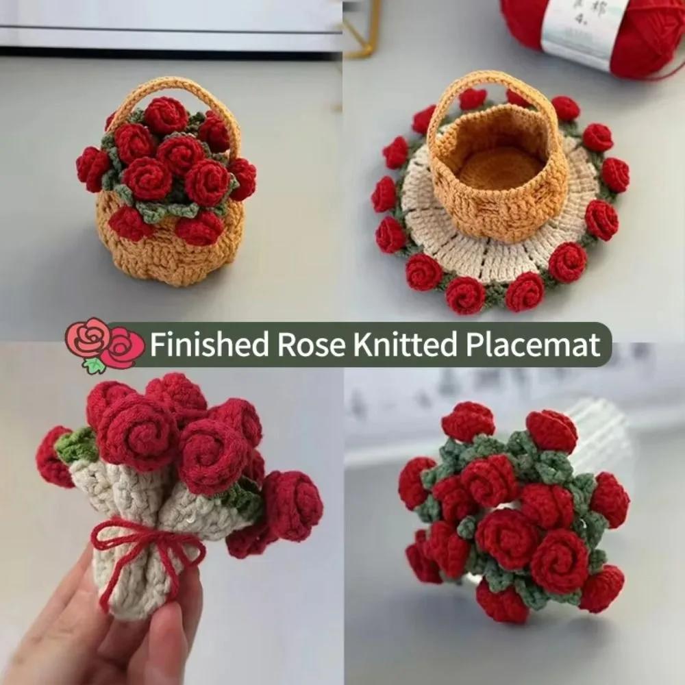 New Polyester Rose Bouquet Coasters Hand Knitted Cotton Crochet Flower Pot DIY Crochet Flower Cupmat Gift