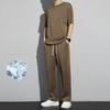 1 Set Men Summer T-shirt Pants Sports Set Round Neck Short Sleeves Pullover Top Drawstring Trousers Two-piece Set Indoor Outdoor Loose