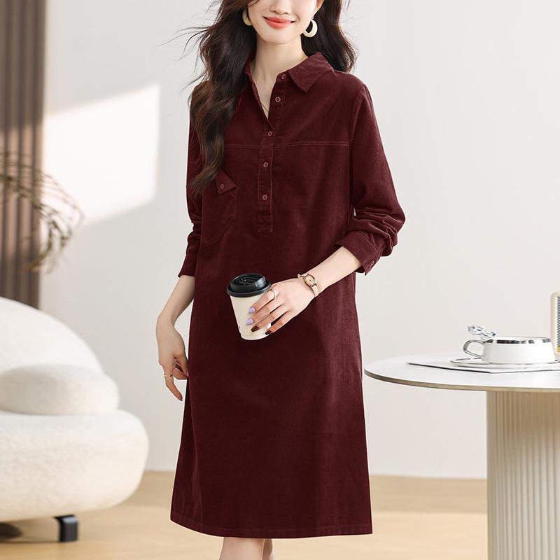 Women's Spring/Autumn Corduroy Long Sleeve Shirt Dress - Slimming, Age-Reducing Fit