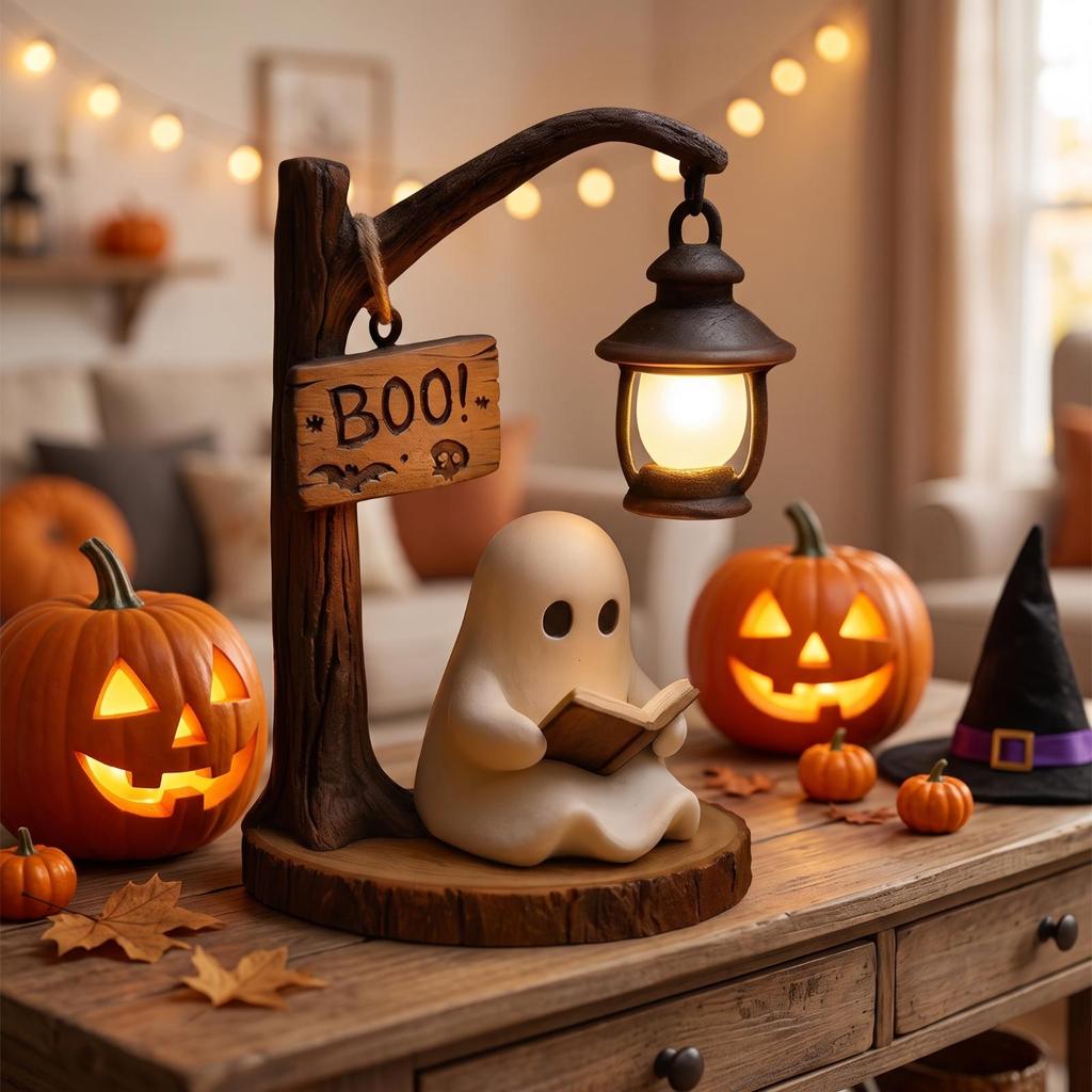 Specter Figurine with Lantern Whimsical Night Light SpookyCute Halloween for Book Lovers,
