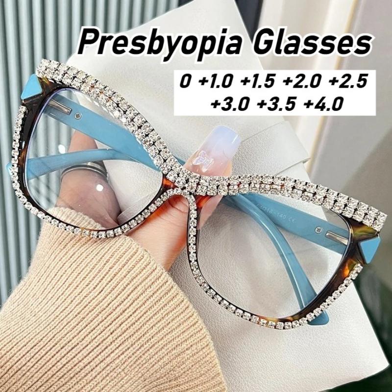 Women's Latest Retro Cat-eye Large Frame Reading Eyewear Diamond Inlaid Presbyopia Eyewear Oversized Anti-blue Light Eyewear